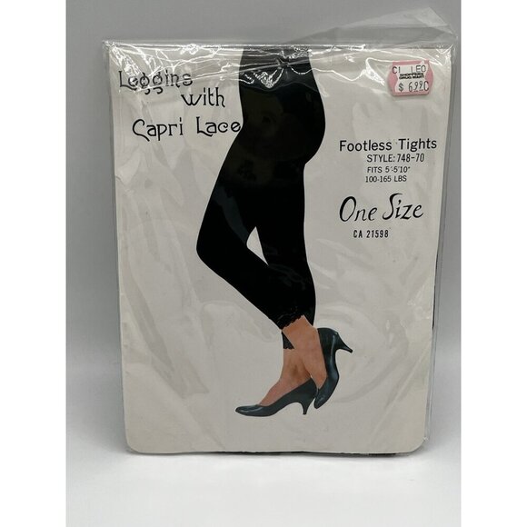 Vintage Footless Tights Leggins with Capri Lace BLACK One Size Nylon NOS unused - Picture 1 of 6